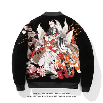 High Street Men Boys Streetwear Nine Tailed Fox Embroidered Loose Sukajan Souvenir Jacket Coats Fashionable Vintage Hip Hop