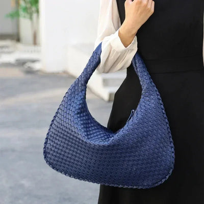 New Vegan Leather Hobo Bag Handmade Woven Casual Female Half Moon Handbag Big Capacity Patchwork Zipper Women Tote Shoulder Bags