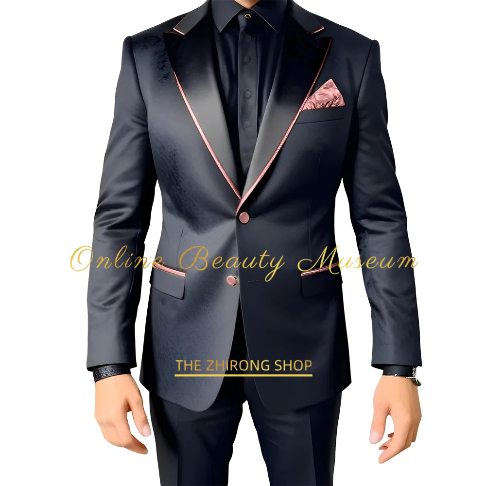 Men Suits 2 Piece Black Luxury Texture With Satin Gold Accent Jacket Pants Set Wedding Party Attire Bespoke Tuxedo For Men