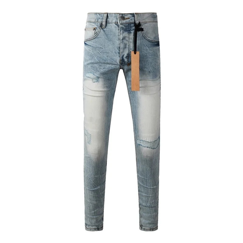 25fw High Street Men's Jeans Paint Hole Trend Low Rise Skinny Denim Pants Pleated Ripped Solid Trousers