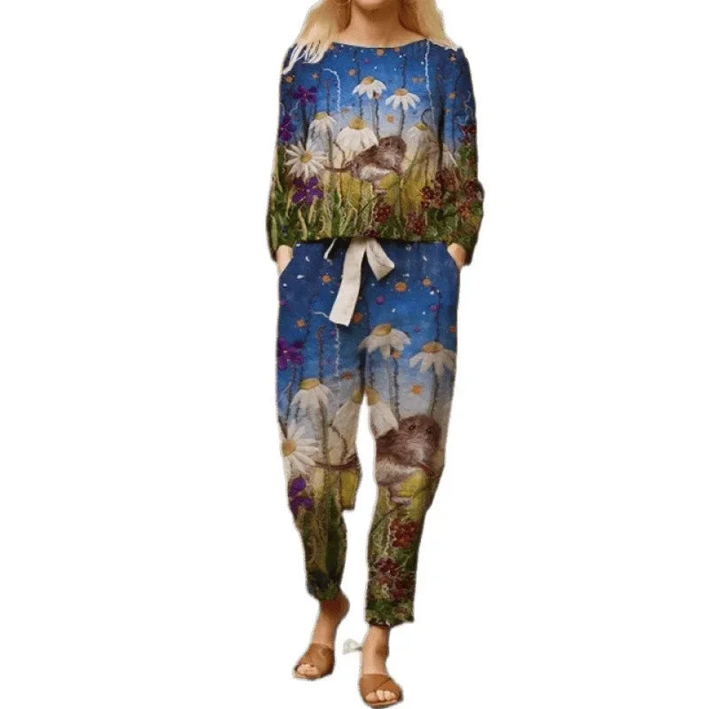 Spring Summer New Vintage Print Long Sleeve round Neck T-Shirt Set Wide Leg Pants Ethnic Style Fashionable Women's Outfit