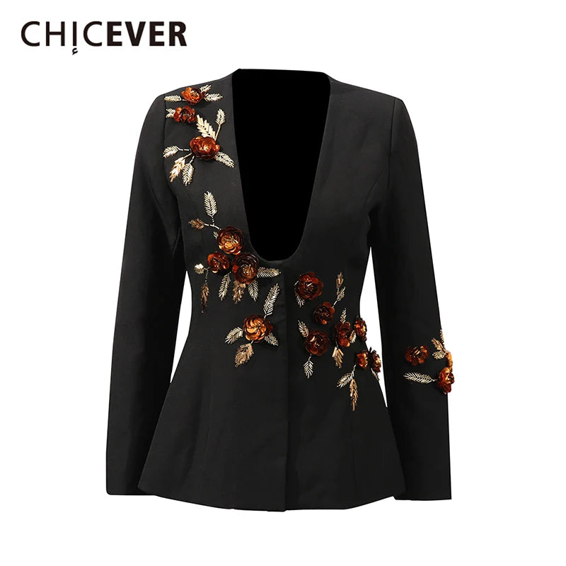 CHICEVER Fashionable Slimming Cocktail Coat for Women Deep Neck Long Sleeve Spliced 3D Floral Temeprament Jackets Female Clothes