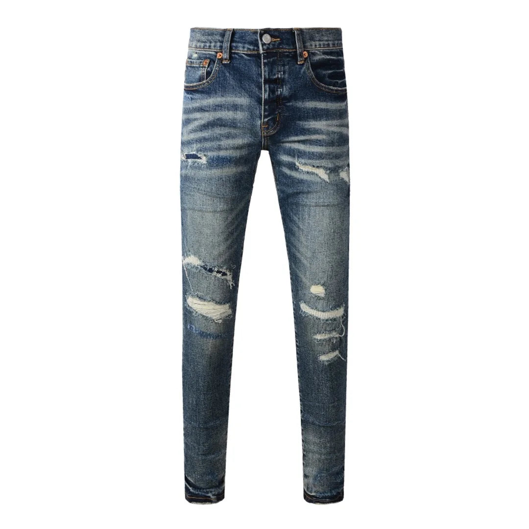Americans  Retro High Street Men's Jeans New Trendy Low Rise Skinny Denim Pants Pleated Ripped Hold Trousers