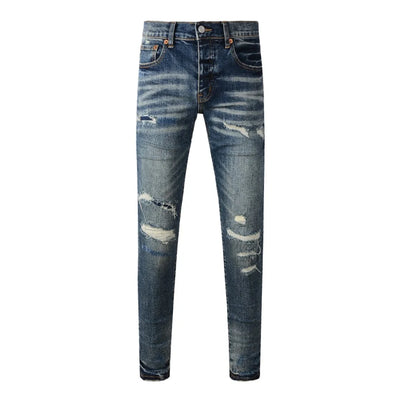 Americans  Retro High Street Men's Jeans New Trendy Low Rise Skinny Denim Pants Pleated Ripped Hold Trousers