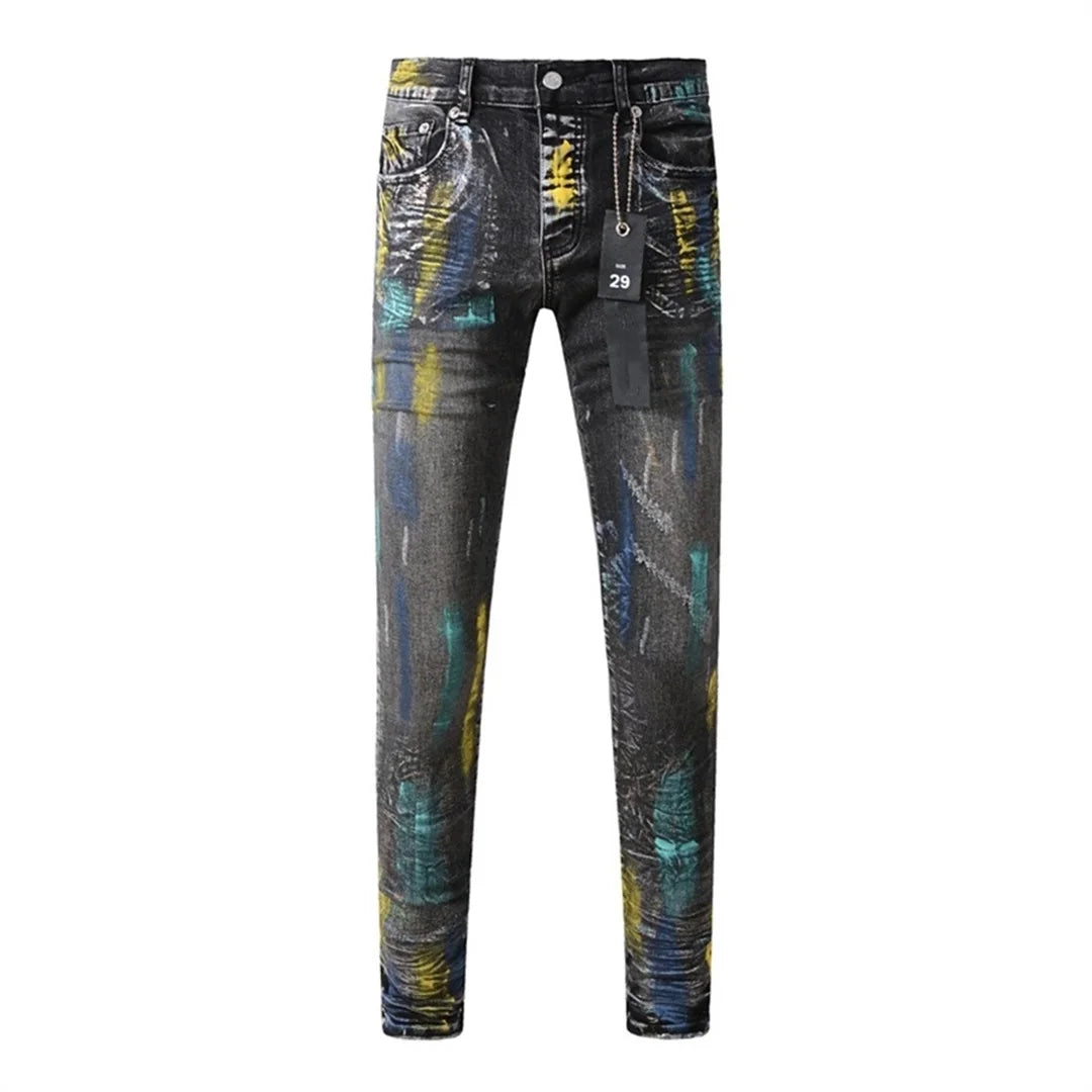 Americans High Street Trendy Men's Jeans Low Rise Stretch PantsSkinny Button Fly Ripped Retro Hold Trousers