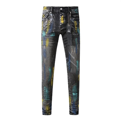 Americans High Street Trendy Men's Jeans Low Rise Stretch PantsSkinny Button Fly Ripped Retro Hold Trousers