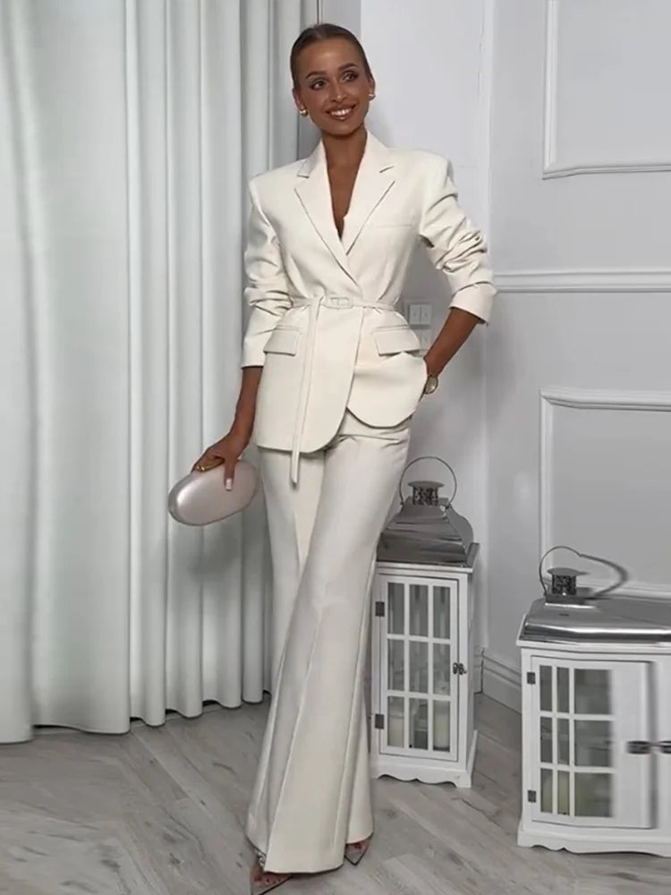 Belt Suit Coat Top Pants Set Lace Up Waist Cinching V-Neck Commuter Fashion Slim Fit Women Jacket Outwear Trousers Formal Attire