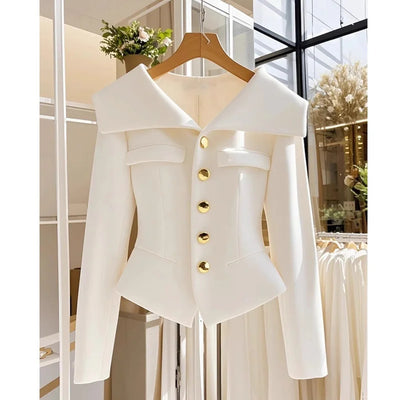 2025 New High Quality Autumn White Women's Coat Long Sleeve Slim Waist Chic Short Single-breasted Office Jackets Ladies Outwear