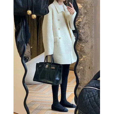 Korean Dongdaemun OUN*CE French Style Loose Gentle Collar Double Button Woolen Coat Medium Length Outerwear Women's Cardigan