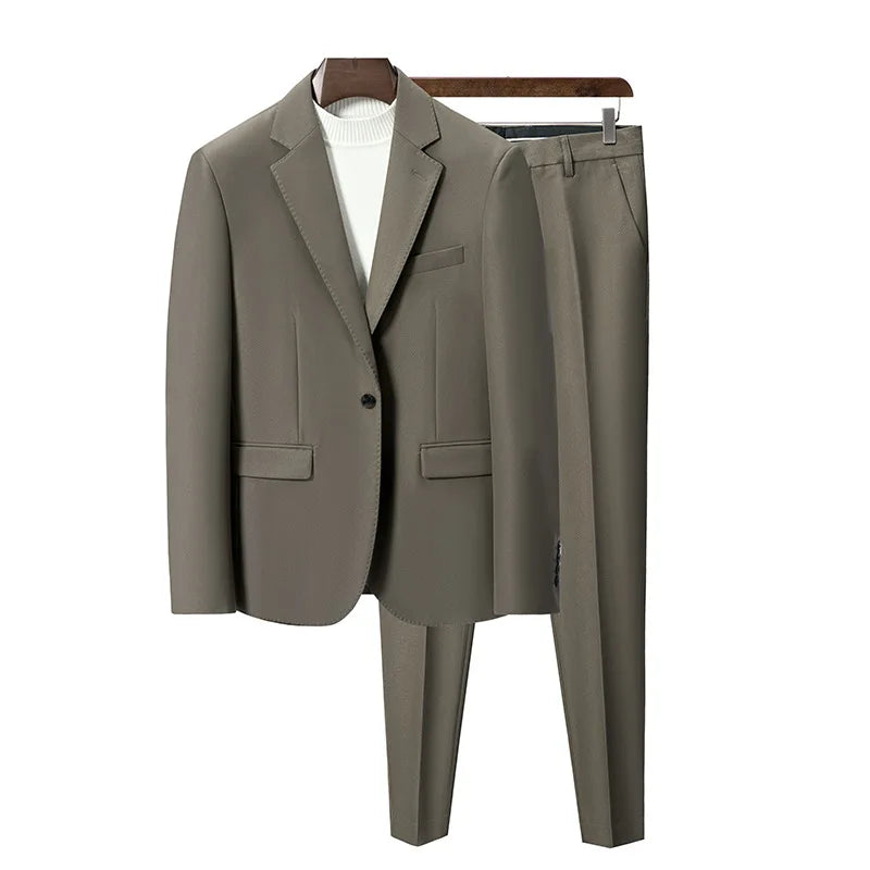 Men's Solid Color Formal Two-Piece Suit Fashion Business Casual Office Dress Wedding Party High-Quality Jacket And Pants Set
