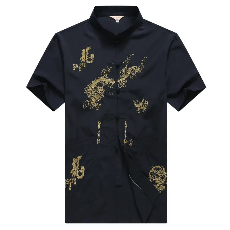 Chinese Men Cotton Kung Fu Suit Embroidery  Wu Shu Uniform Tai Chi Clothing Short Sleeve Shirt+Pant M L XL XXL XXXL MS013