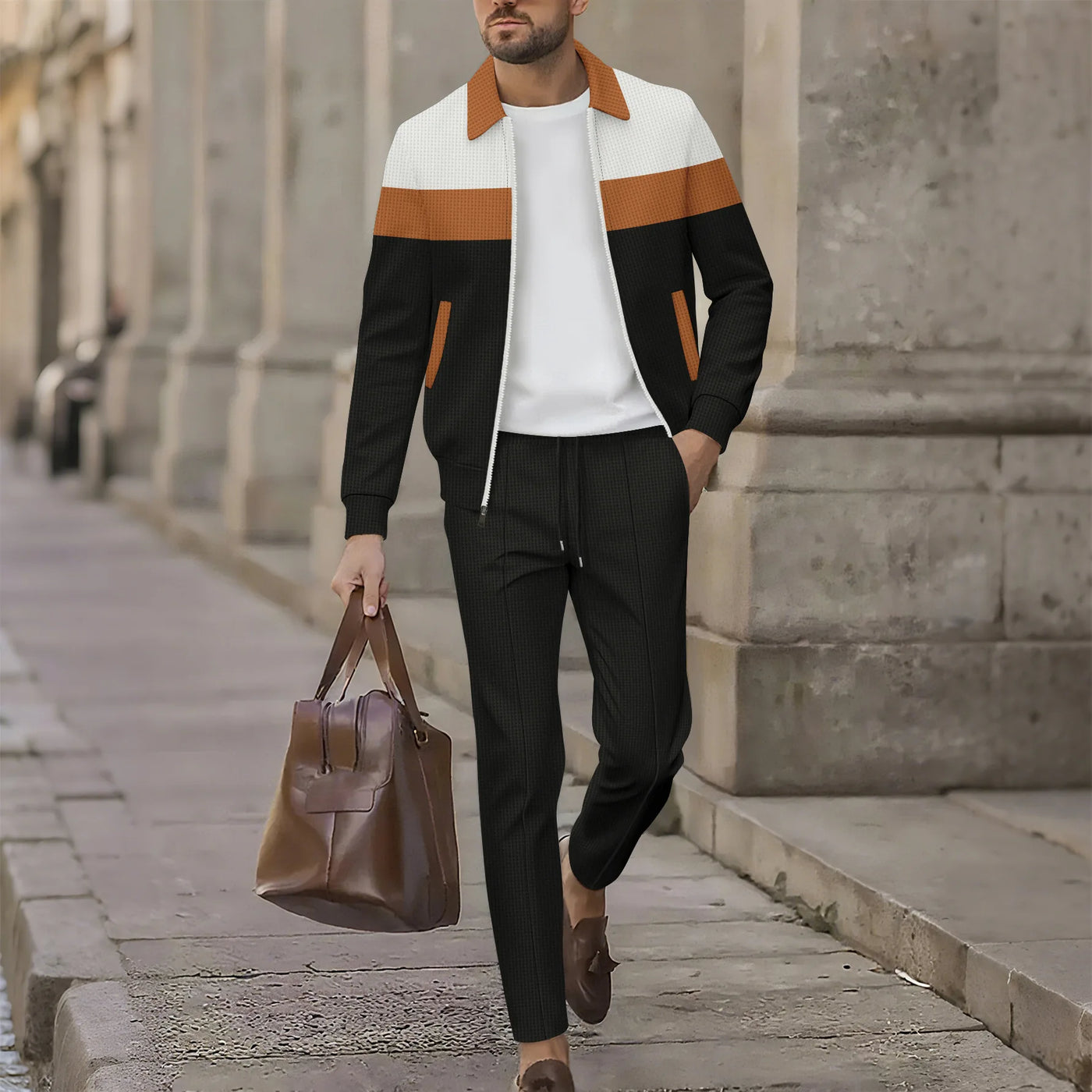 Spring/Autumn Men's Casual Sport Jacket Set - High-Quality Multi-Color Zippered Pockets, Collarless, Slim-Fitting Cardigan