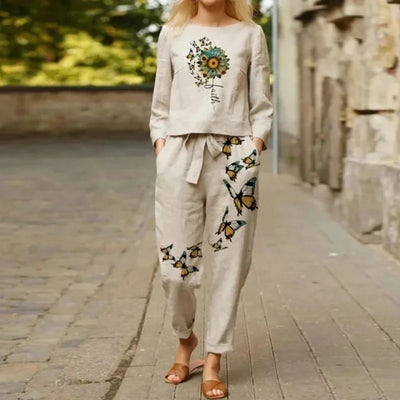 Spring Summer New Vintage Print Long Sleeve round Neck T-Shirt Set Wide Leg Pants Ethnic Style Fashionable Women's Outfit