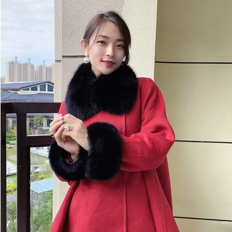 Real Fur Collar and Cuff Set Decor Women Winter Fox Fur Scarf Neck Warm Furry Natural Fur Cuffs Thick Fur Shawl Sleeves Scarves