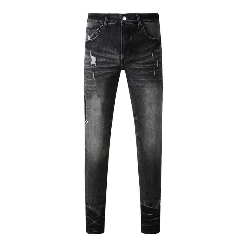 Fashion Top Quality Streetwear Distressed Men's Jeans  Vintage Low Rise Stretch Skinny Button Fly Ripped Hold Pants