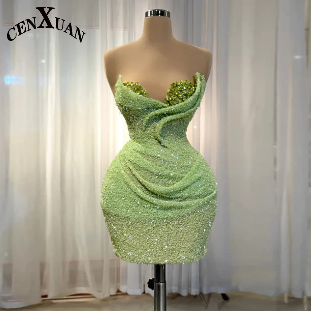 CENXUAN Dapper Sleeveless Cocktail Dress with Rhinestones Sequined Pleat Short Party Dresses Vestidos De Noche Customized