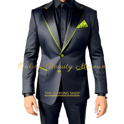 Men Suits 2 Piece Black Luxury Texture With Satin Gold Accent Jacket Pants Set Wedding Party Attire Bespoke Tuxedo For Men