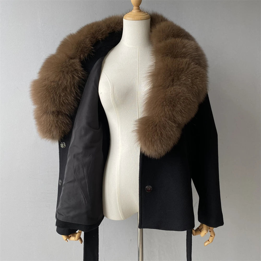 Jaxmonoy Women's Wool Coat with Luxury Big Real Fox Fur Collar 2025 Winter Warm Woolen Jacket Ladies New In Outerwear with Belt