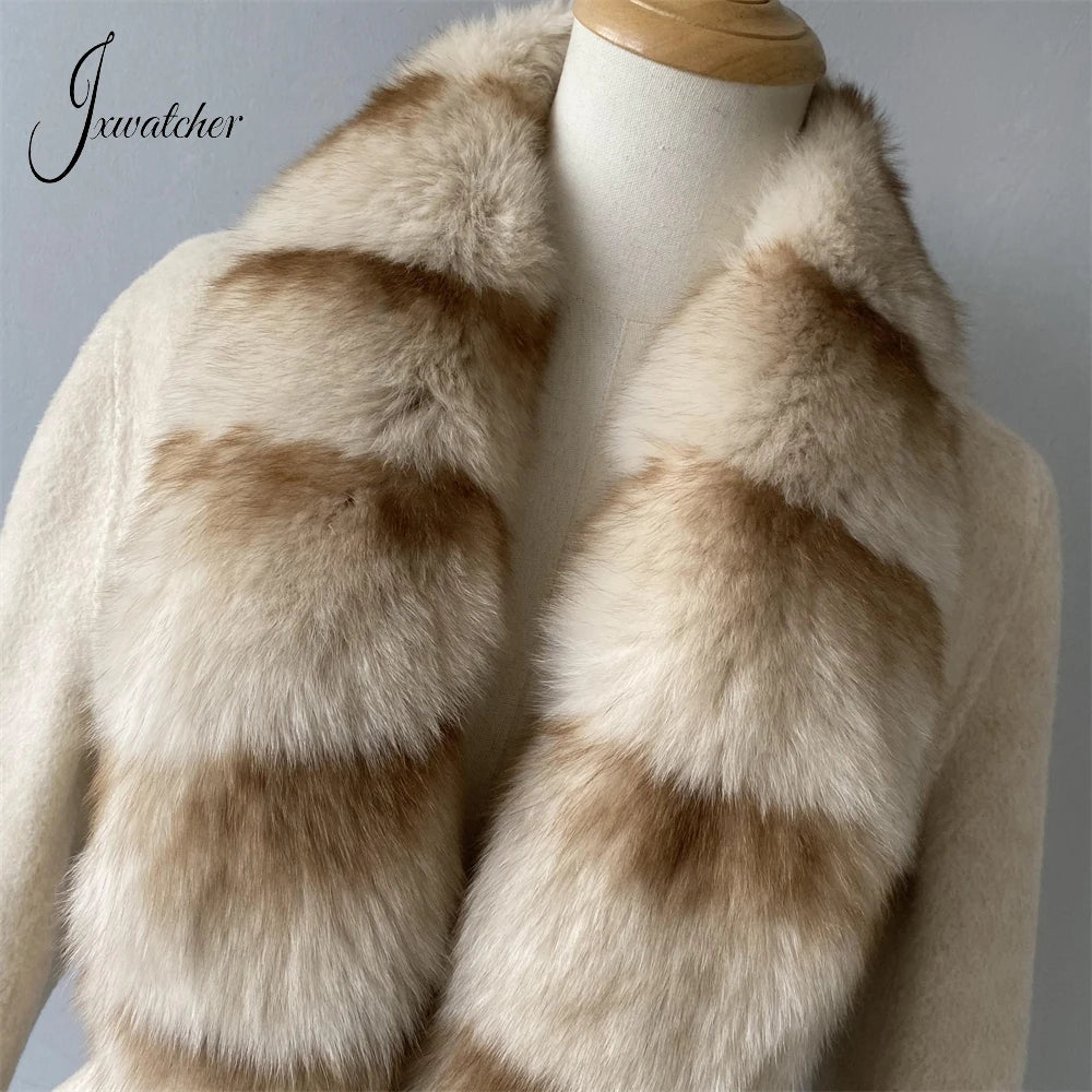 Jxwatcher Women Winter Coat with Real Fur Winter New Style Cashmere Wool Coats Ladies Fashion Luxury Warm Outerwears Female Fall
