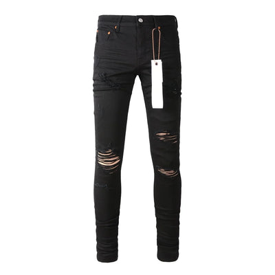 Americans High Street Trendy Men's Jeans Low Rise Stretch PantsSkinny Button Fly Ripped Retro Hold Trousers