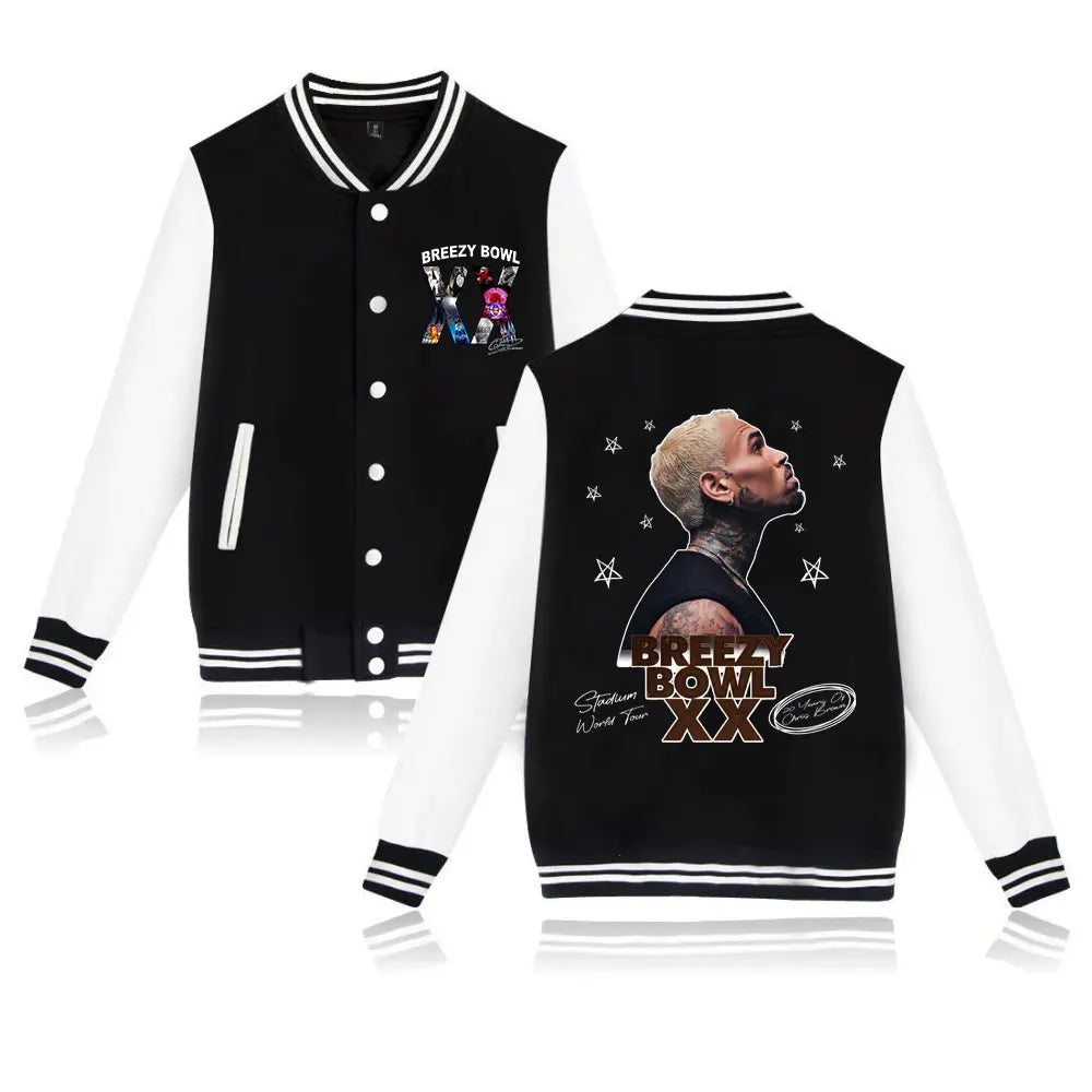 Rapper Chris Brown Breezy Bowl XX Concert Baseball Jacket Preppy Style Baseball Uniforms Casual High Street Tops