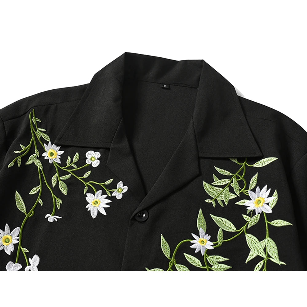 Dark Icon Embroidery Cool Material Men's Shirt Short Sleeve Hawaii Beach Shirts Black Beige