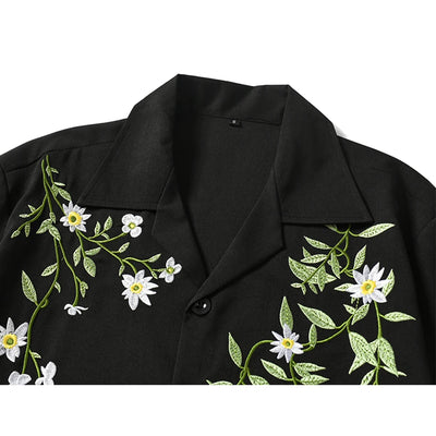 Dark Icon Embroidery Cool Material Men's Shirt Short Sleeve Hawaii Beach Shirts Black Beige