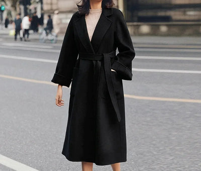 Long Double-Sided Cashmere Coat Women's Caramel Color Woolen Tweed Jacket Water-Wave Pattern Loose Fit Chinese Origin