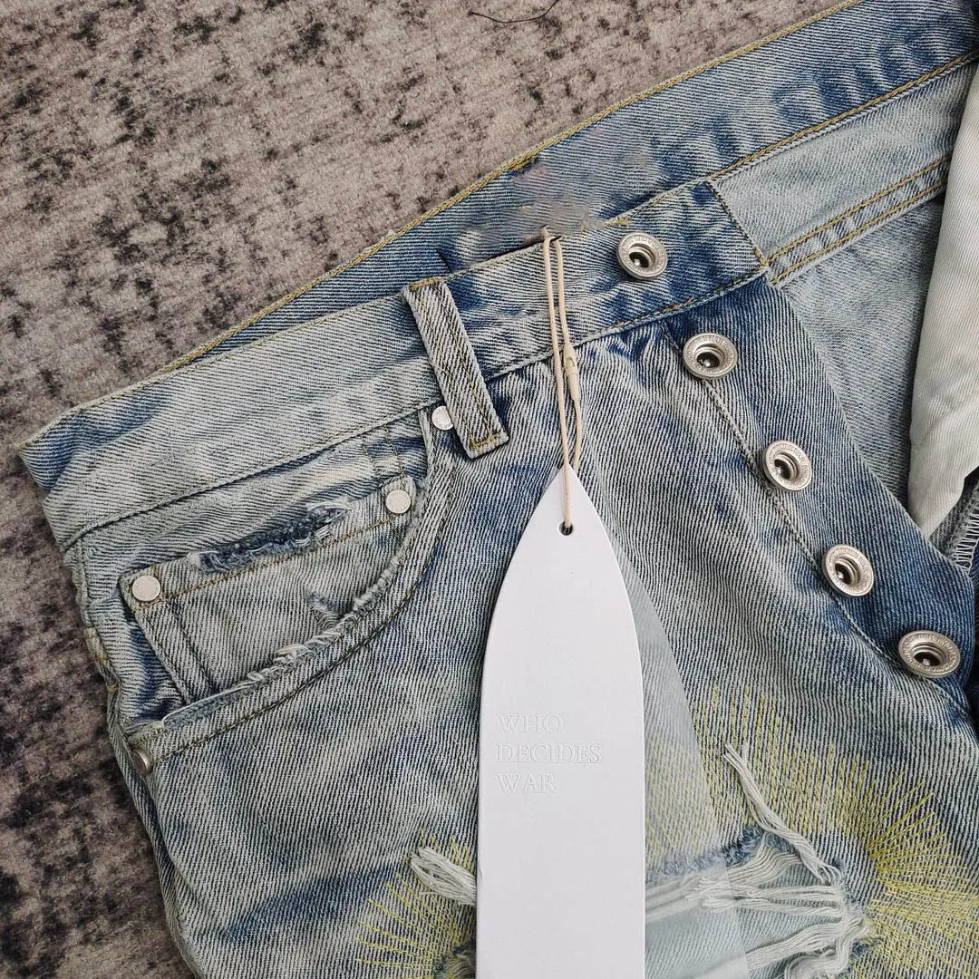 men complicated embroidery stitching distressed jeans