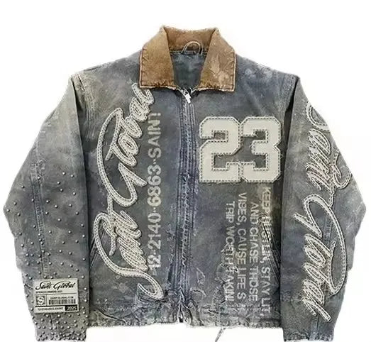 Mens Clothes Letter Embroidery Patchwork Rhinestone Y2k Two Piece Set Hip Hop Retro Zipper Denim Jacket Baggy Jeans Streetwear