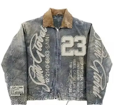 Mens Clothes Letter Embroidery Patchwork Rhinestone Y2k Two Piece Set Hip Hop Retro Zipper Denim Jacket Baggy Jeans Streetwear