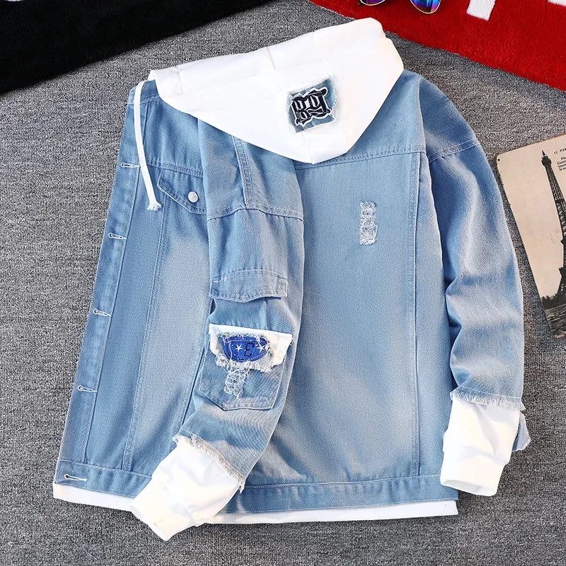 Fall Men's Denim Jaet Baseball Sle Casual Hoodie Outerwear Spring Autumn Couple's Faionable Loose Fit Long Sve
