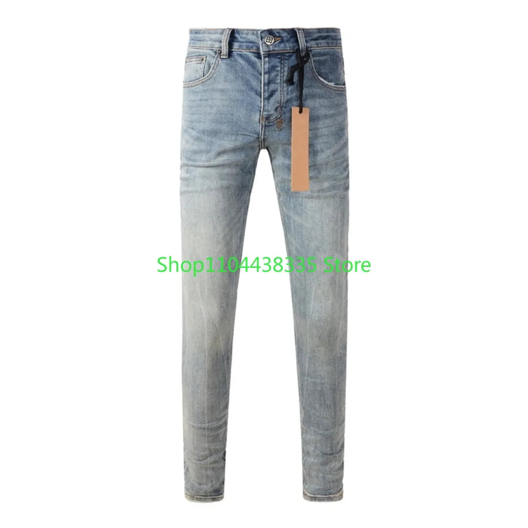 25fw High Street Men's Jeans Paint Hole Trend Low Rise Skinny Denim Pants Pleated Ripped Solid Trousers