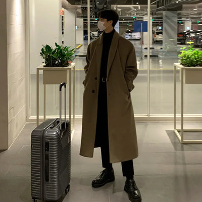 IEFB Thickened Male Woolen Coat Korean New Chic Men's Overcoat Turn-down Collar Single Breasted Solid Color Belt Outwear 9D1655