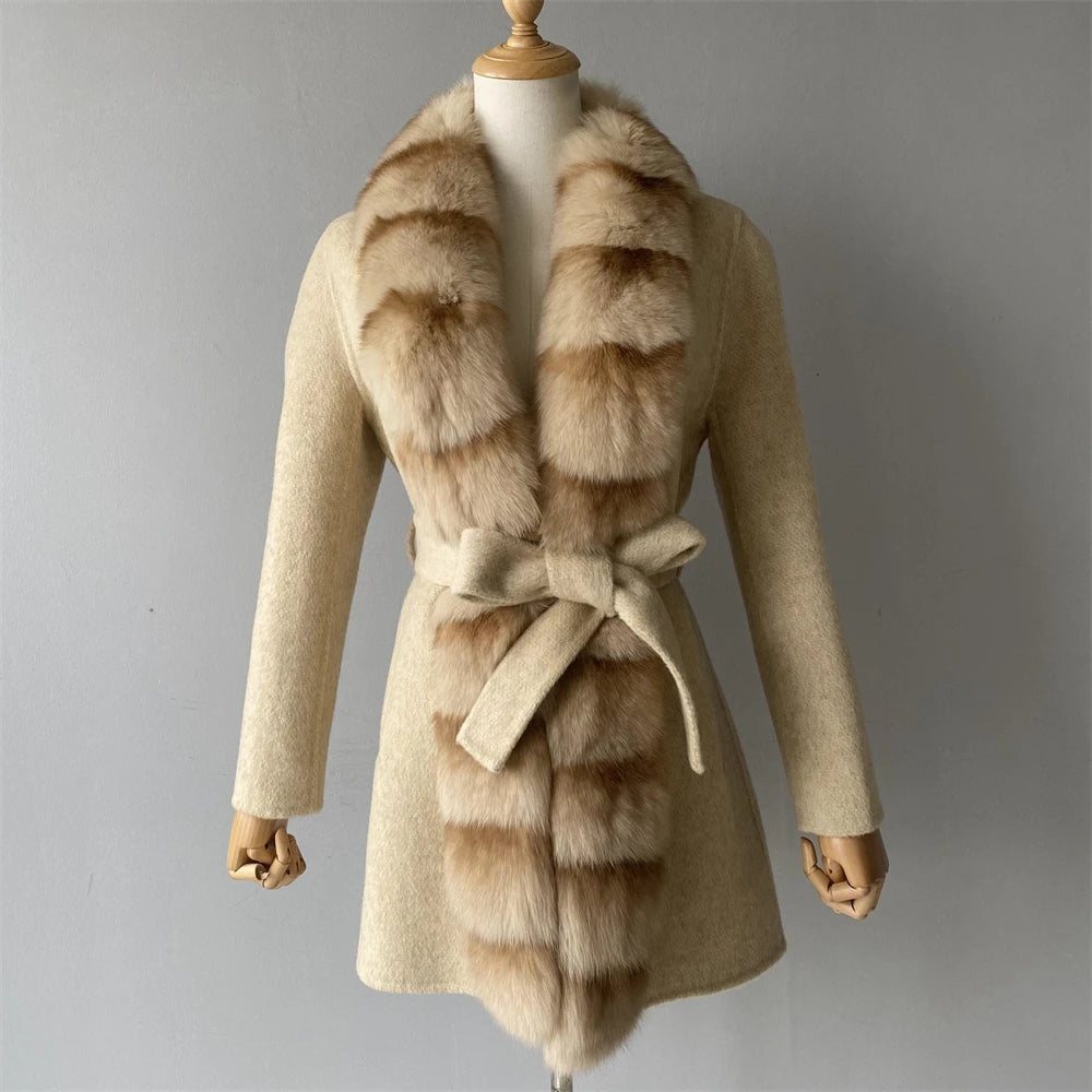 Jxwatcher Women Winter Coat with Real Fur Winter New Style Cashmere Wool Coats Ladies Fashion Luxury Warm Outerwears Female Fall