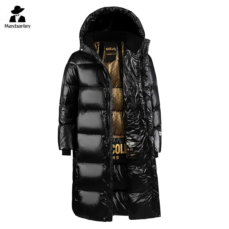 Black Glossy Down Jacket Men's Luxury Thicken Winter Hooded Long White Duck Down Jacket Women Windproof Rainproof Warm Outwear
