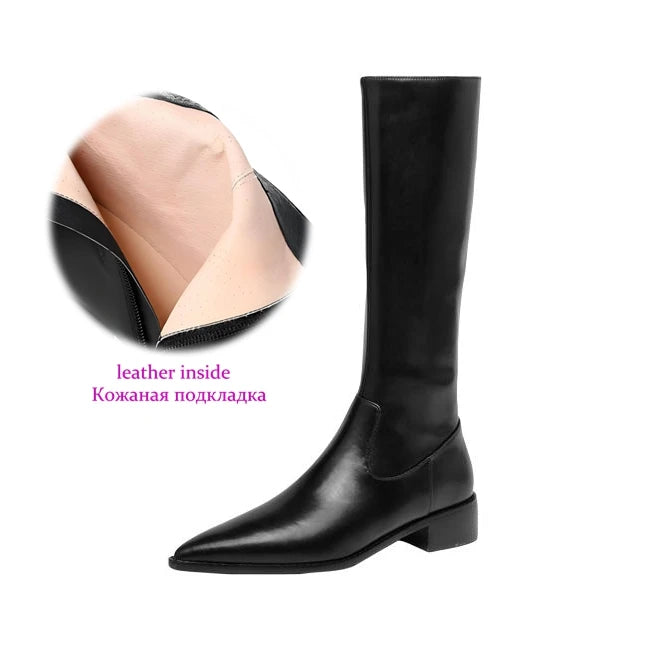 Krazing Pot Cow Skin Ins Pointed Toe Thick Heels Riding Boots British School Slip On French Romantic Model Wear Thigh High Boots