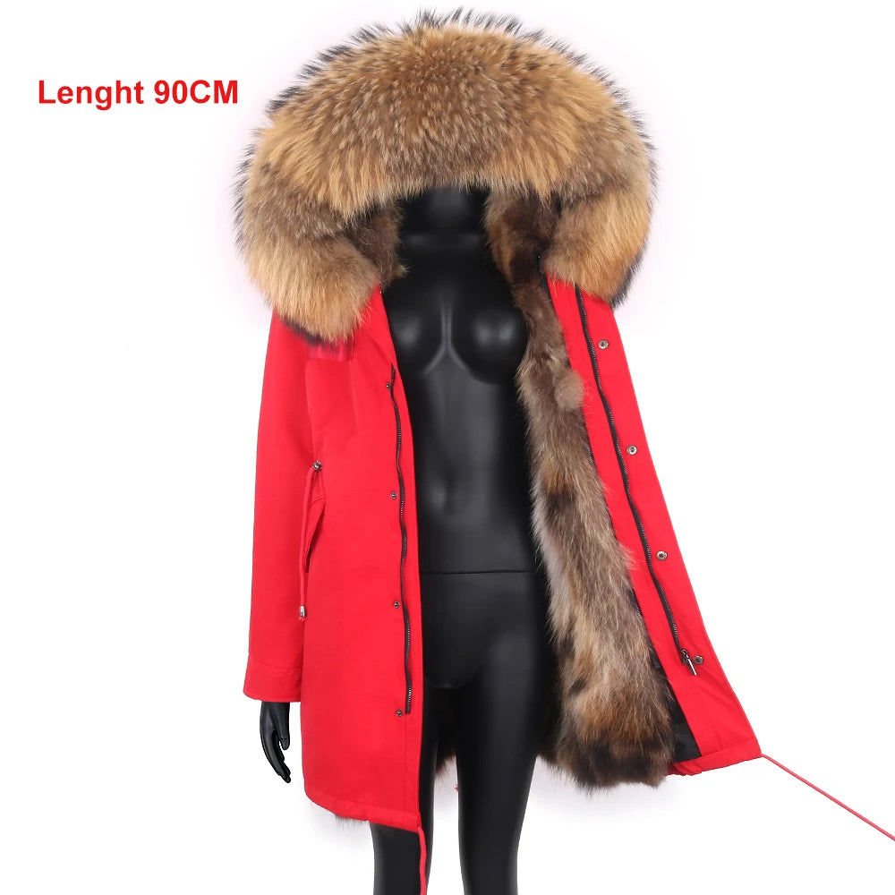2024 New Winter Jacket Women X-Long Parka Waterproof Big Natural Raccoon Fur Collar Hood Real Fur Coat Thick Warm Real Fox Fur