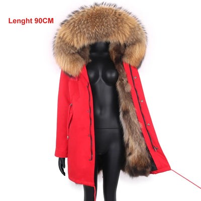 2024 New Winter Jacket Women X-Long Parka Waterproof Big Natural Raccoon Fur Collar Hood Real Fur Coat Thick Warm Real Fox Fur