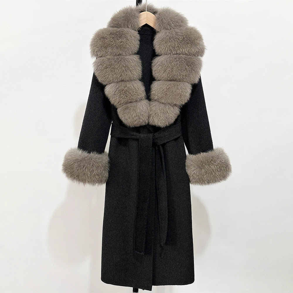 2025 New Autumn Wool Blend Coat Women Elegant Warm Real Fox Fur Collar Winter Wool Coat Female Double-sided Cashmere Jacket