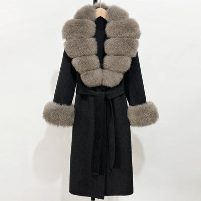 2025 New Autumn Wool Blend Coat Women Elegant Warm Real Fox Fur Collar Winter Wool Coat Female Double-sided Cashmere Jacket