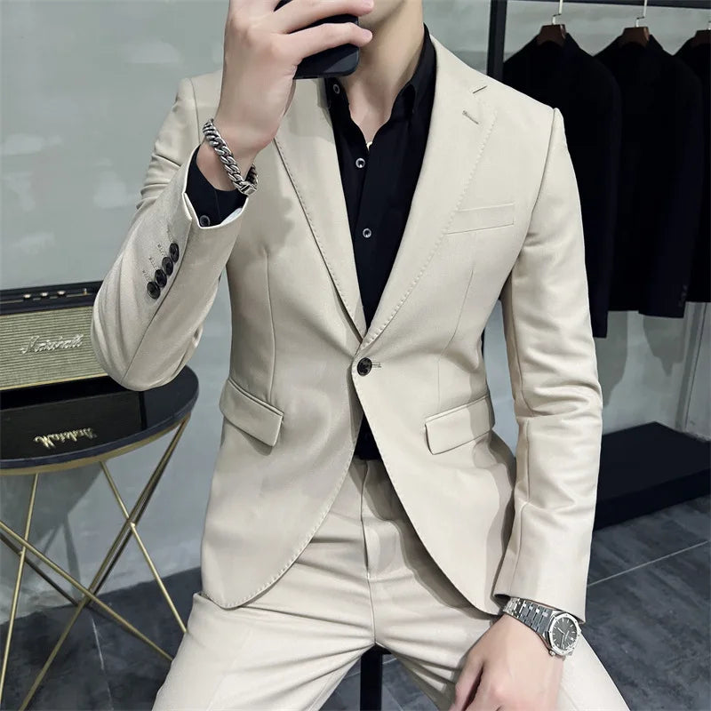 Men's Solid Color Formal Two-Piece Suit Fashion Business Casual Office Dress Wedding Party High-Quality Jacket And Pants Set