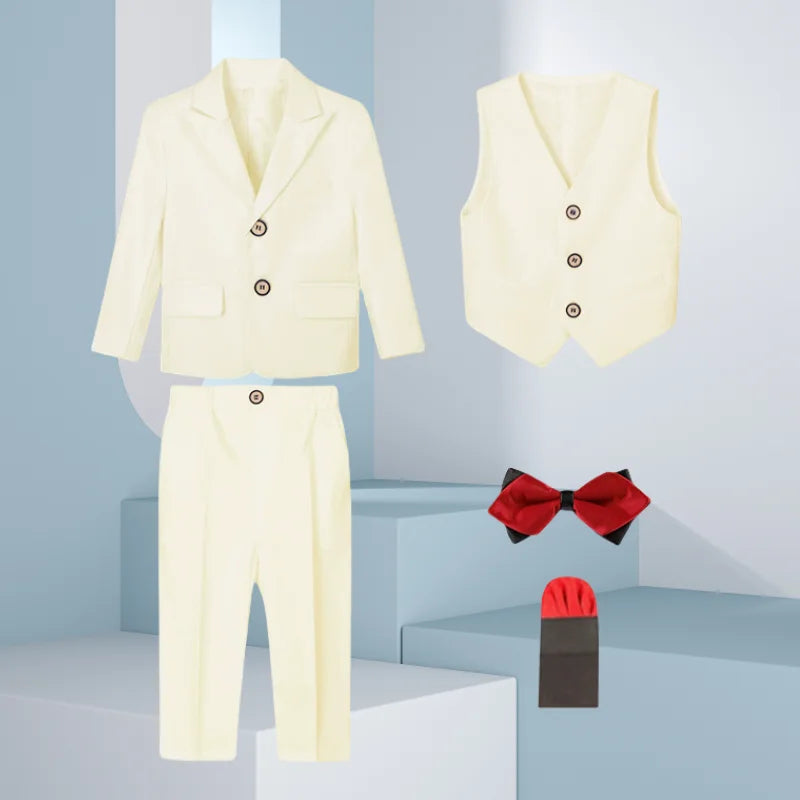 Boys Formal White 5Pieces/Set Jacket Vest Pants Bowtie+Pocket Cloth Wedding Birthday Party Dress Kids Host Performance Costume