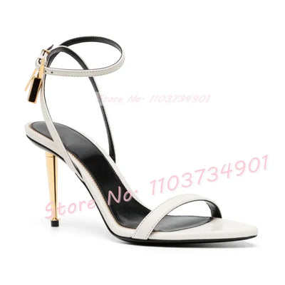 Metal Heel Lock Metallic Leather Sandals Female Luxury Open Toe Stiletto High Heels Shoes Lady Elegant Party Ankle Strap Sandals