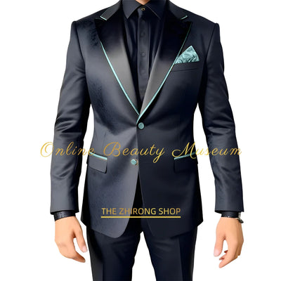 Men Suits 2 Piece Black Luxury Texture With Satin Gold Accent Jacket Pants Set Wedding Party Attire Bespoke Tuxedo For Men