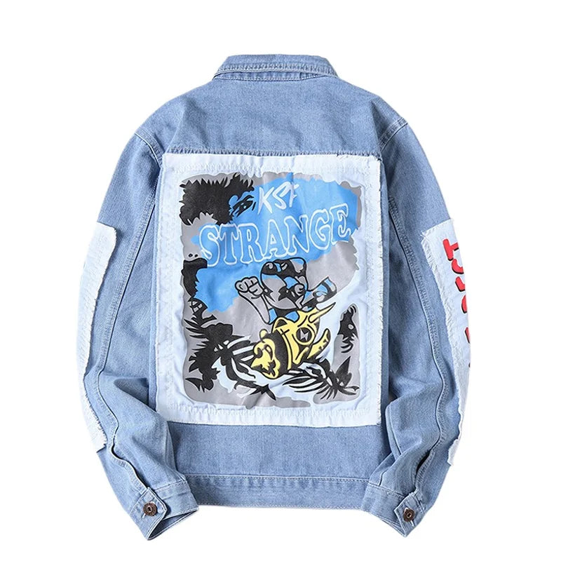 Mens Hi Street Graffiti Ripped Denim Jacket Fashion Streetwear Painted Jeans Coat With Holes Distressed Outerwear Big Size 5XL