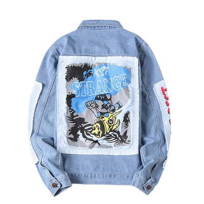 Mens Hi Street Graffiti Ripped Denim Jacket Fashion Streetwear Painted Jeans Coat With Holes Distressed Outerwear Big Size 5XL