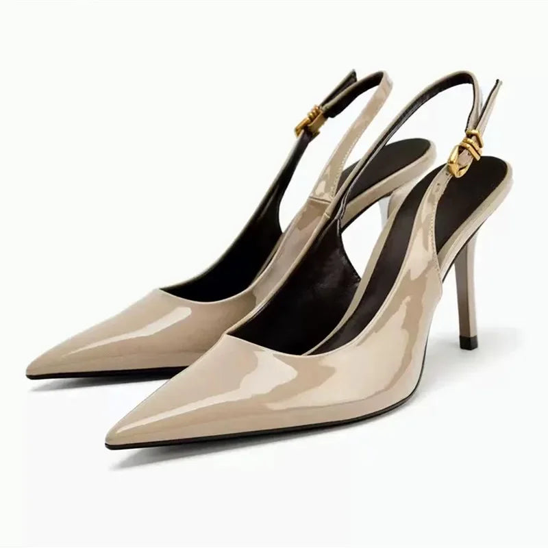 Luxury Brand Designer Women Pumps Sexy Pointed Toe Metal Buckle Design Elegant Dress Heels Ladies Fashion Wedding Bridal Shoes